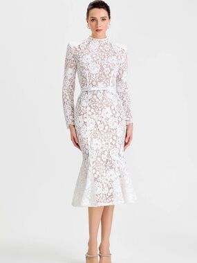 Nadine Merabi Juliette White Lace Midi Dress - High Neck Long Sleeve. Size 6 NWT